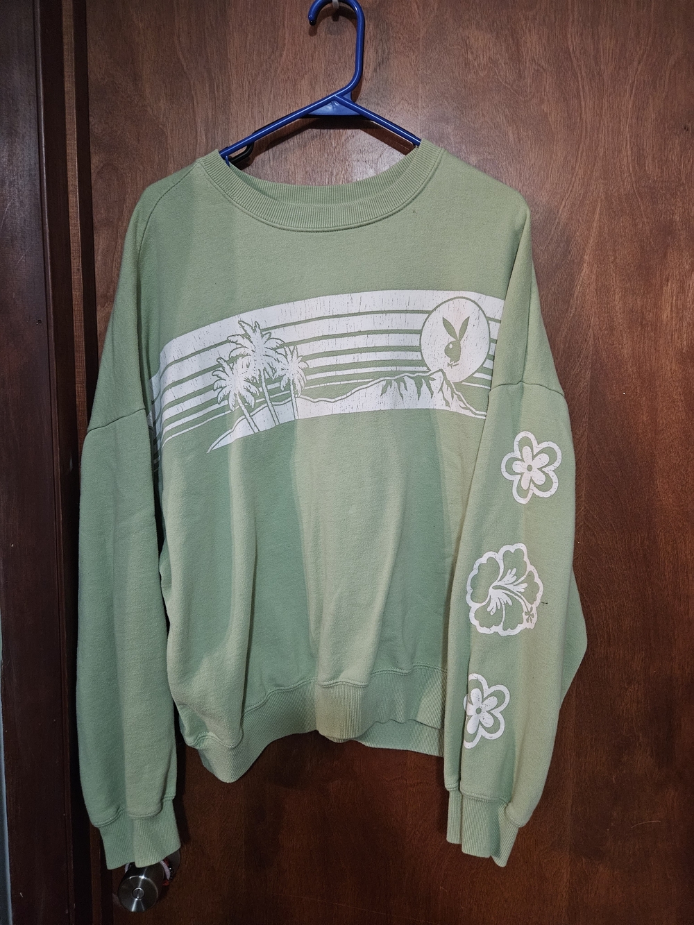 PacSun Light Green Crewneck Sweatshirt with White Tropical Graphics